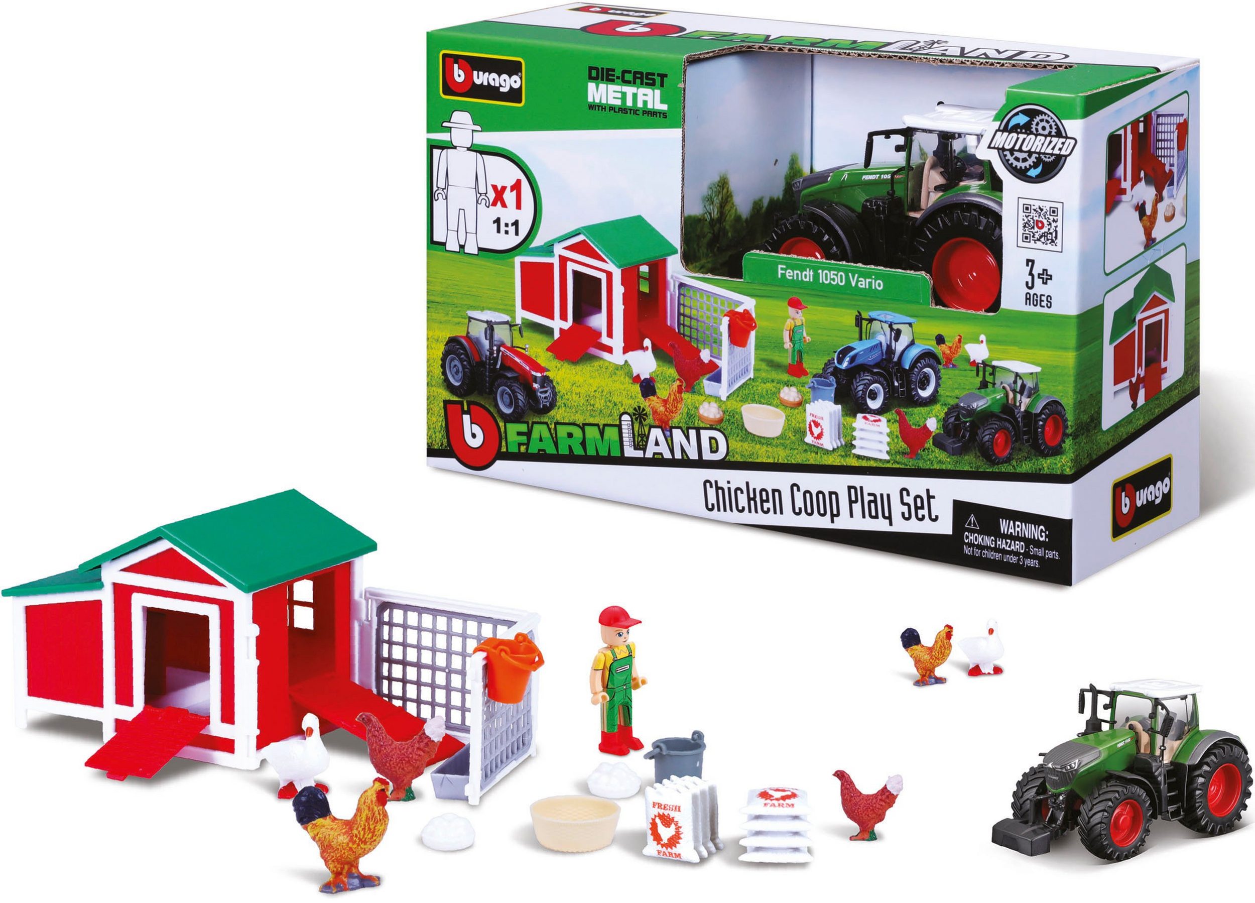 Bburago 18-31681 - Farmland Hühnerstall inkl. Fendt Traktor (17 Teile)